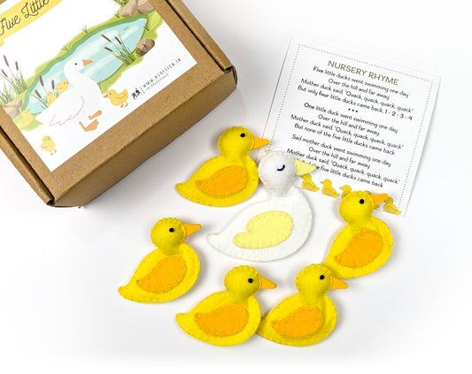 Five little duck finger puppets toys with a box and nursery rhyme card by AGD handmade.