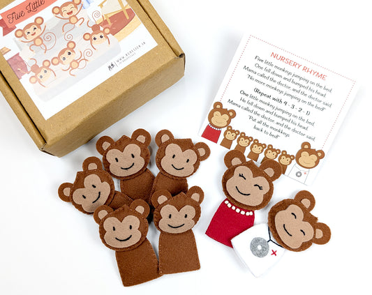 Set of monkey finger puppets with a box and nursery rhyme card by AGD hand made.