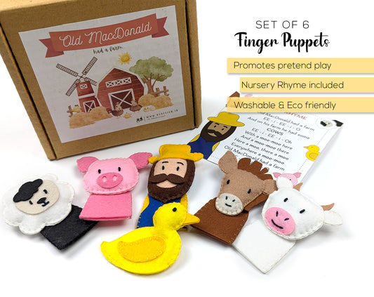 Set of 6 farm animal finger puppets with a box and rhyme card by AGD Handmade