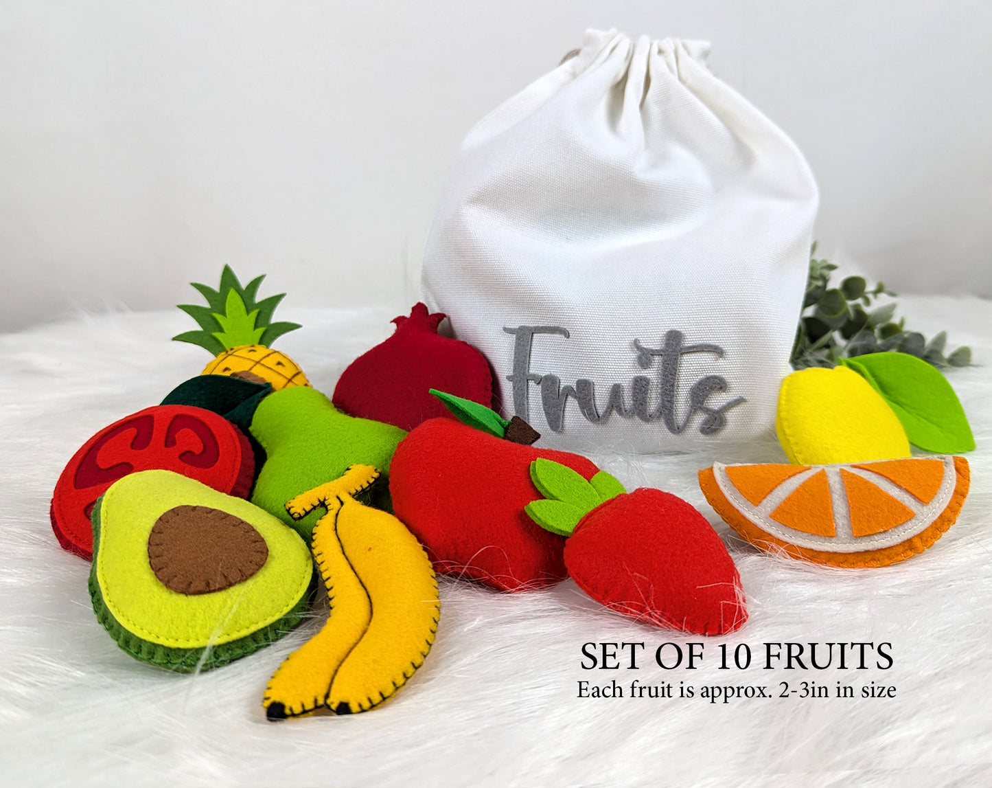 Felt Fruits, Set of 10 with Potli