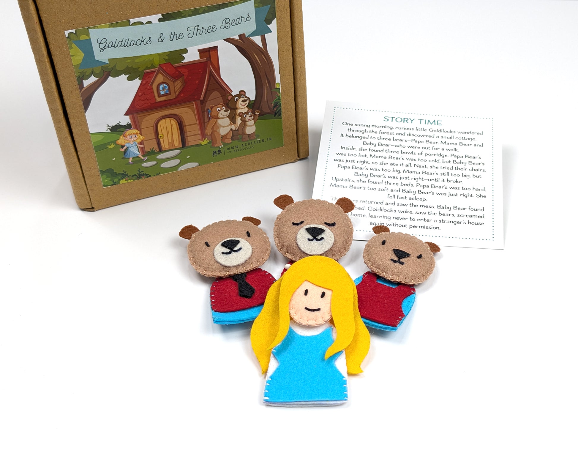 Felt storybook characters including Goldilocks and the Three Bears with a framed illustration in the background. by AGD handmade